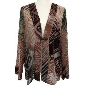 Chico's Brown Green Velvet Sheer Abstract Geo Jacket Mixed Media Shimmer Earthy